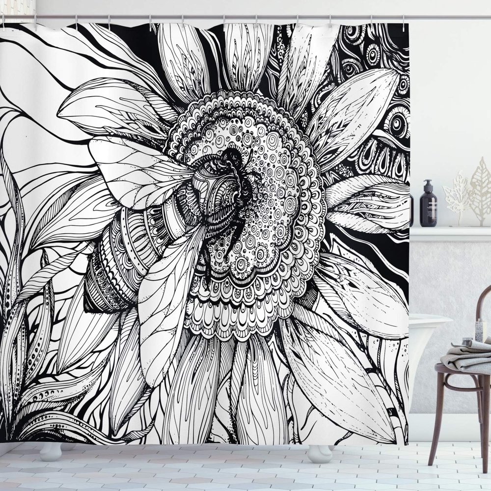 image:imageAmbesonne Floral Shower Curtain Illustration of Poppy Flowers Oil Painting on Canvas Romantic Design Print Cloth Fabric Bathroom Decor Set with Hooks 69 W x 70 L Yellow OrangeBlack White