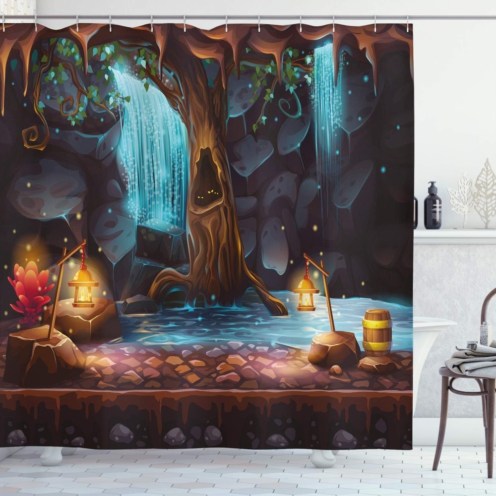 image:imageAmbesonne Floral Shower Curtain Illustration of Poppy Flowers Oil Painting on Canvas Romantic Design Print Cloth Fabric Bathroom Decor Set with Hooks 69 W x 70 L Yellow OrangeBrown Blue