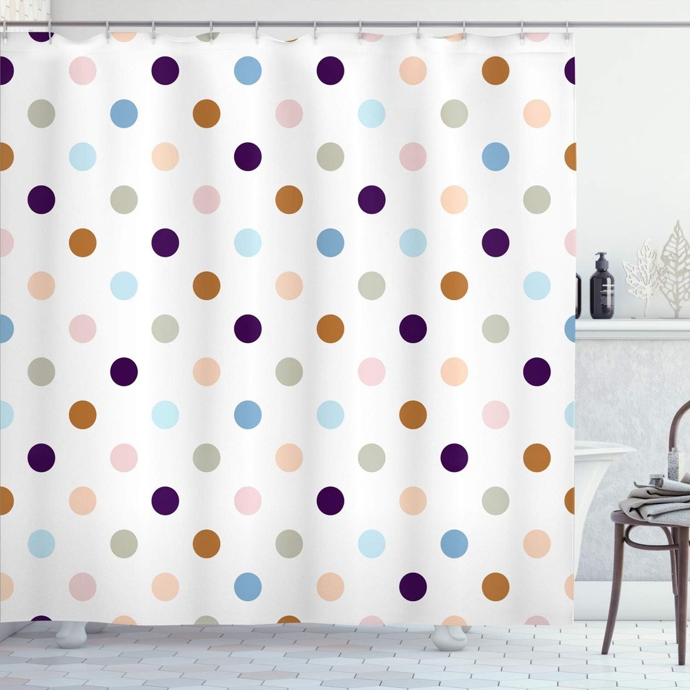image:imageAmbesonne Polka Dots Shower Curtain Funny Colorful Symmetric Rounds Pattern of Different Toned Romantic Details Diagonal Patches Cloth Fabric Bathroom Decor Set with Hooks 69 W x 75 L Sea BlueDark Purple