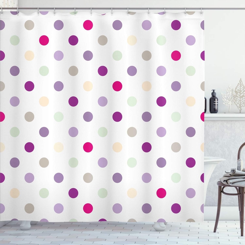 image:imageAmbesonne Polka Dots Shower Curtain Funny Colorful Symmetric Rounds Pattern of Different Toned Romantic Details Diagonal Patches Cloth Fabric Bathroom Decor Set with Hooks 69 W x 75 L Sea BluePale Lavender