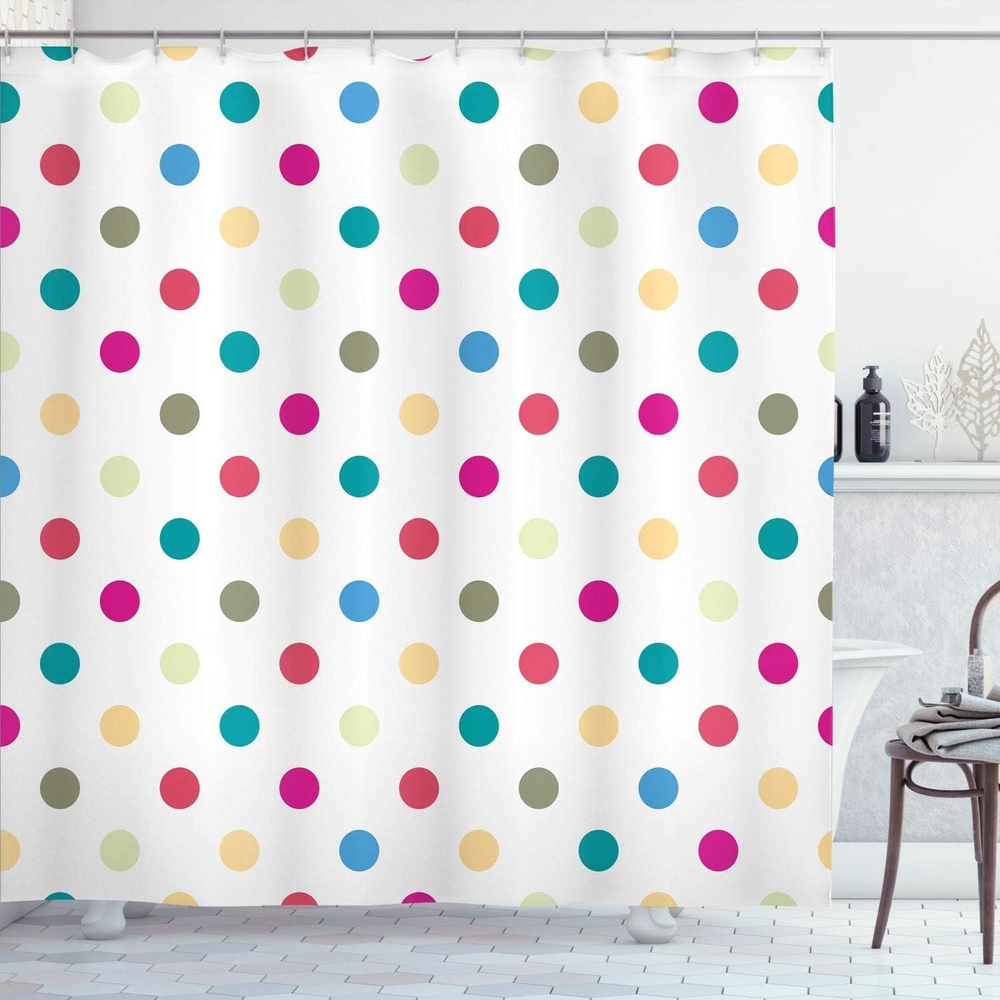 image:imageAmbesonne Polka Dots Shower Curtain Funny Colorful Symmetric Rounds Pattern of Different Toned Romantic Details Diagonal Patches Cloth Fabric Bathroom Decor Set with Hooks 69 W x 75 L Sea BlueDark Magenta