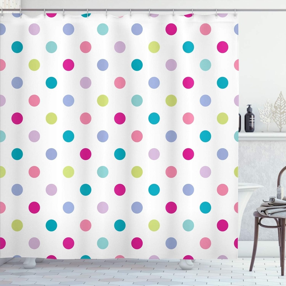 image:imageAmbesonne Polka Dots Shower Curtain Funny Colorful Symmetric Rounds Pattern of Different Toned Romantic Details Diagonal Patches Cloth Fabric Bathroom Decor Set with Hooks 69 W x 75 L Sea BlueMagenta