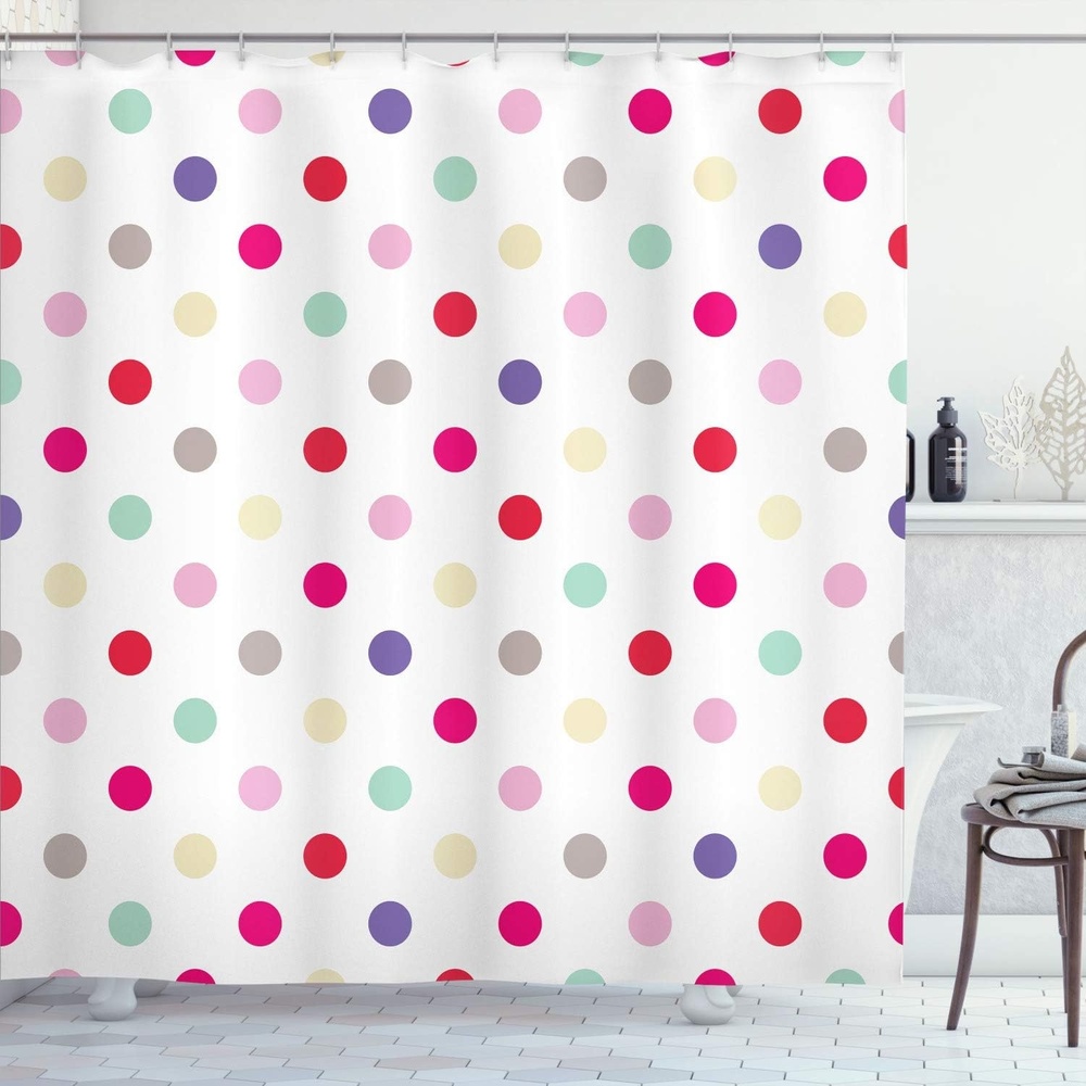 image:imageAmbesonne Polka Dots Shower Curtain Funny Colorful Symmetric Rounds Pattern of Different Toned Romantic Details Diagonal Patches Cloth Fabric Bathroom Decor Set with Hooks 69 W x 75 L Sea BlueDark Pink