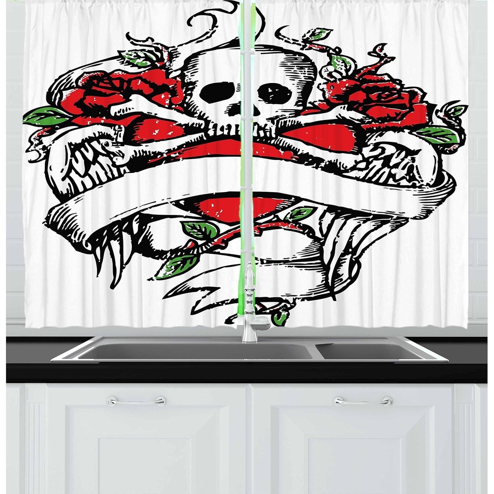 image:imageAmbesonne Rose Kitchen Curtains Sketchy Revival Skull Big Red Heart Crossed Bones Wings and Leaves Window Drapes 2 Panel Set for Kitchen Cafe Decor 55 x 39 Black Vermilion GreenBlack Vermilion Green