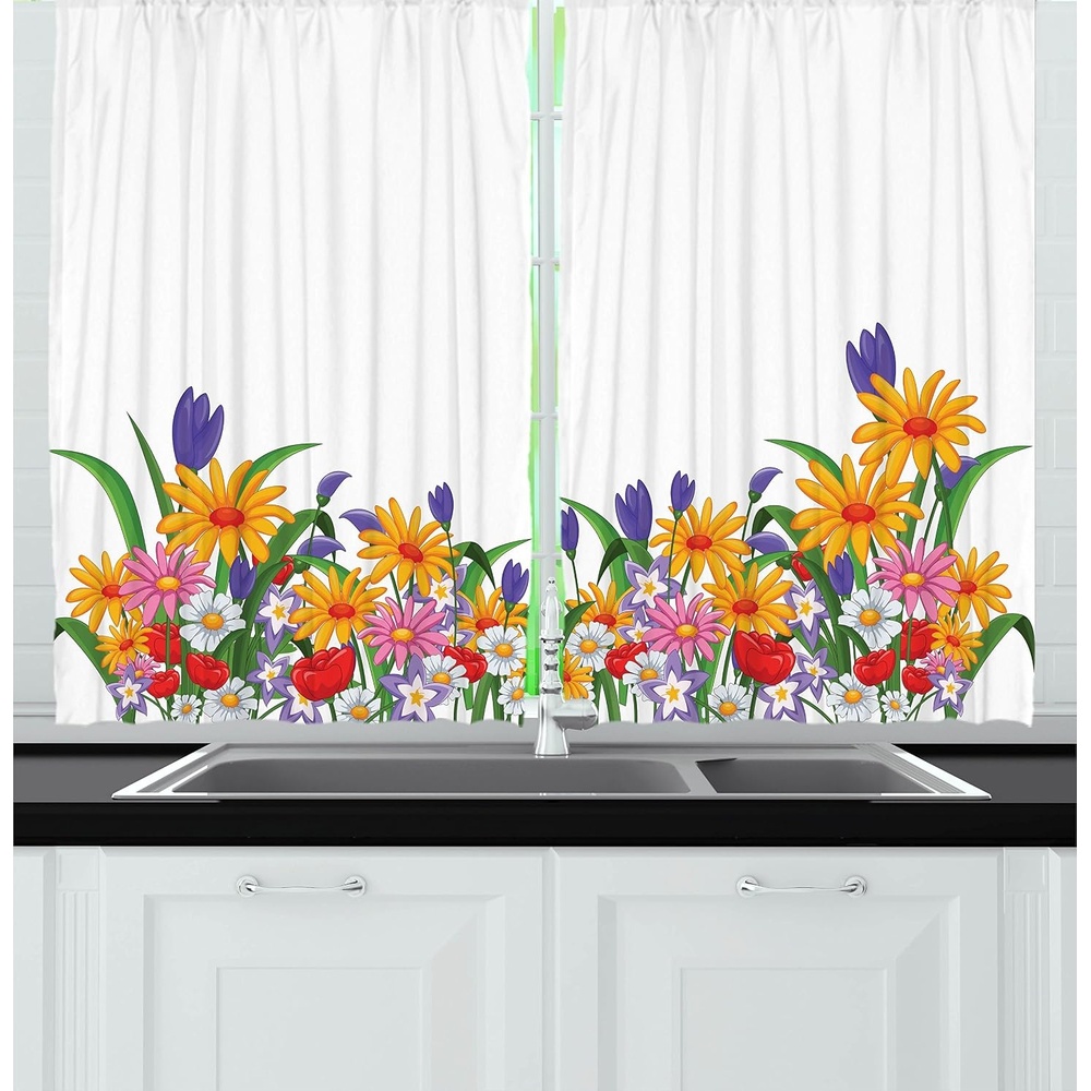 image:imageAmbesonne Rose Kitchen Curtains Sketchy Revival Skull Big Red Heart Crossed Bones Wings and Leaves Window Drapes 2 Panel Set for Kitchen Cafe Decor 55 x 39 Black Vermilion GreenMustard White