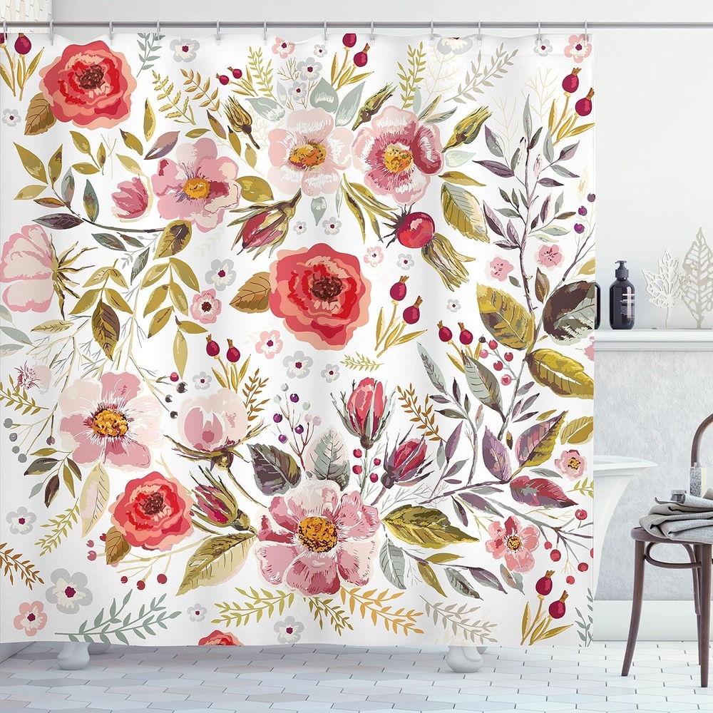 image:imageAmbesonne Vintage Shower Curtain Hand Drawn Style Floral Theme with Inspired by Romantic Flower and Leaves Foliage Illustration Cloth Fabric Bathroom Decor Set with Hooks 69 W x 84 L Pink Cream
