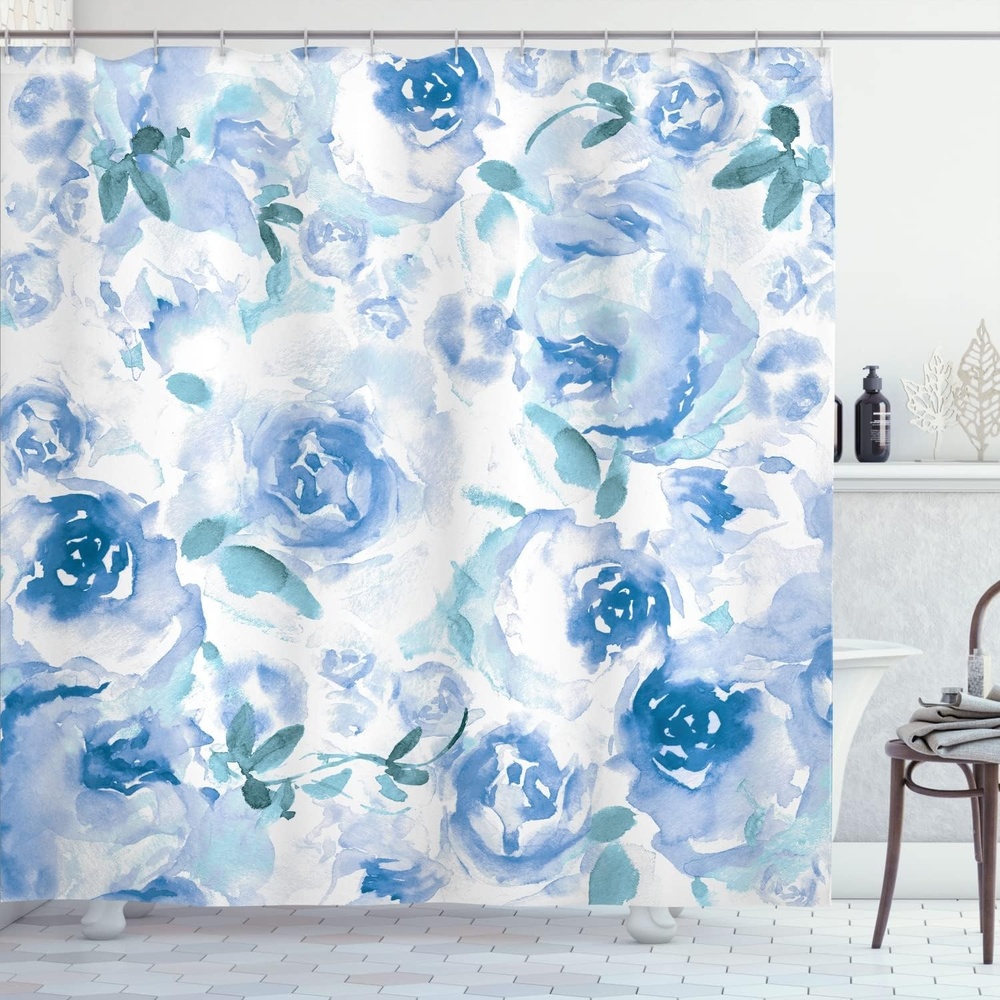 image:imageAmbesonne Watercolor Flower Shower Curtain Soft Color Pale Faded Mix of Vintage Style Romantic Dream Painting Cloth Fabric Bathroom Decor Set with Hooks 69 W x 75 L Baby Blue