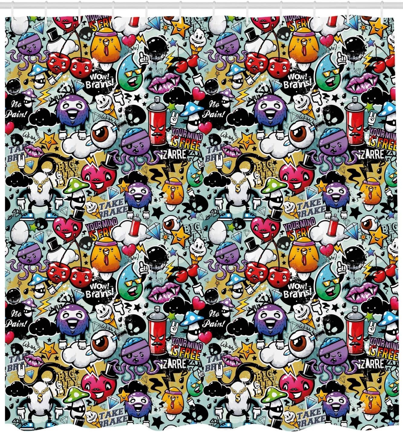 image:imageAmbesonne Cartoon Shower Curtain Graffiti Creatures with Spray Tanks Animals and Writings Vibrant Colored Image Cloth Fabric Bathroom Decor Set with Hooks 69 W x 75 L Violet69W x 75L Pack of 1