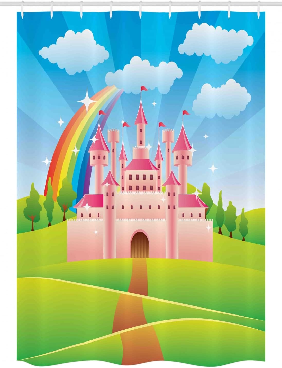 image:imageAmbesonne Feminine Shower Curtain Cartoon Style Castle Rainbow Clouds Summer Sky Colorful Design Cloth Fabric Bathroom Decor Set with Hooks 69 W x 75 L Green Pink and Blue54 W x 78 L