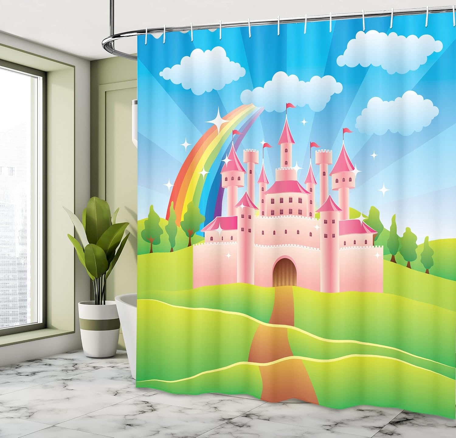 image:imageAmbesonne Feminine Shower Curtain Cartoon Style Castle Rainbow Clouds Summer Sky Colorful Design Cloth Fabric Bathroom Decor Set with Hooks 69 W x 75 L Green Pink and Blue69W x 75L Pack of 1