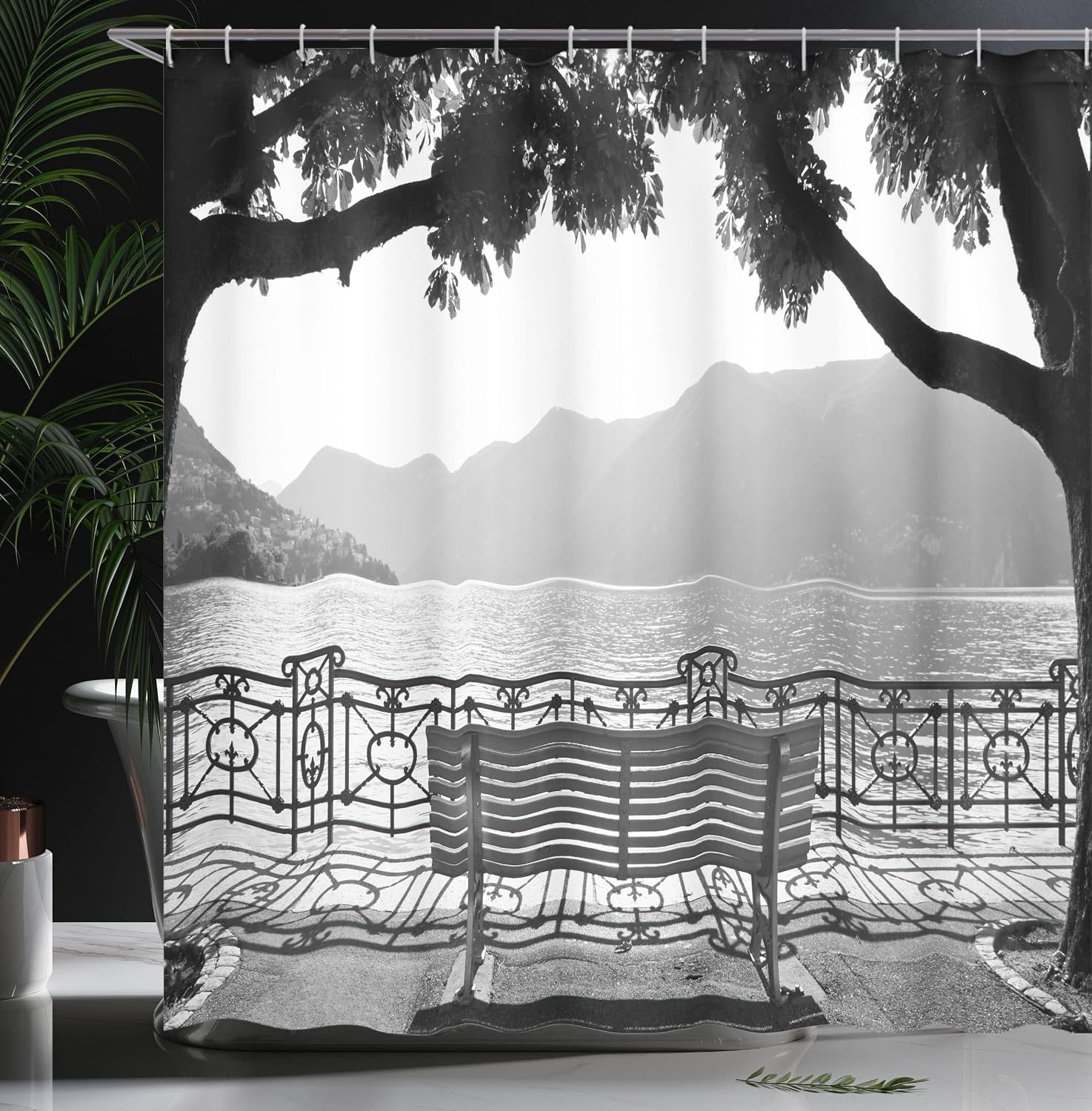 image:imageAmbesonne Grey Shower Curtain Romantic Scenery with a Bench by The Lake Outdoors Trees Empty Park View Mountain Range Cloth Fabric Bathroom Decor Set with Hooks 69 W x 70 L Grey