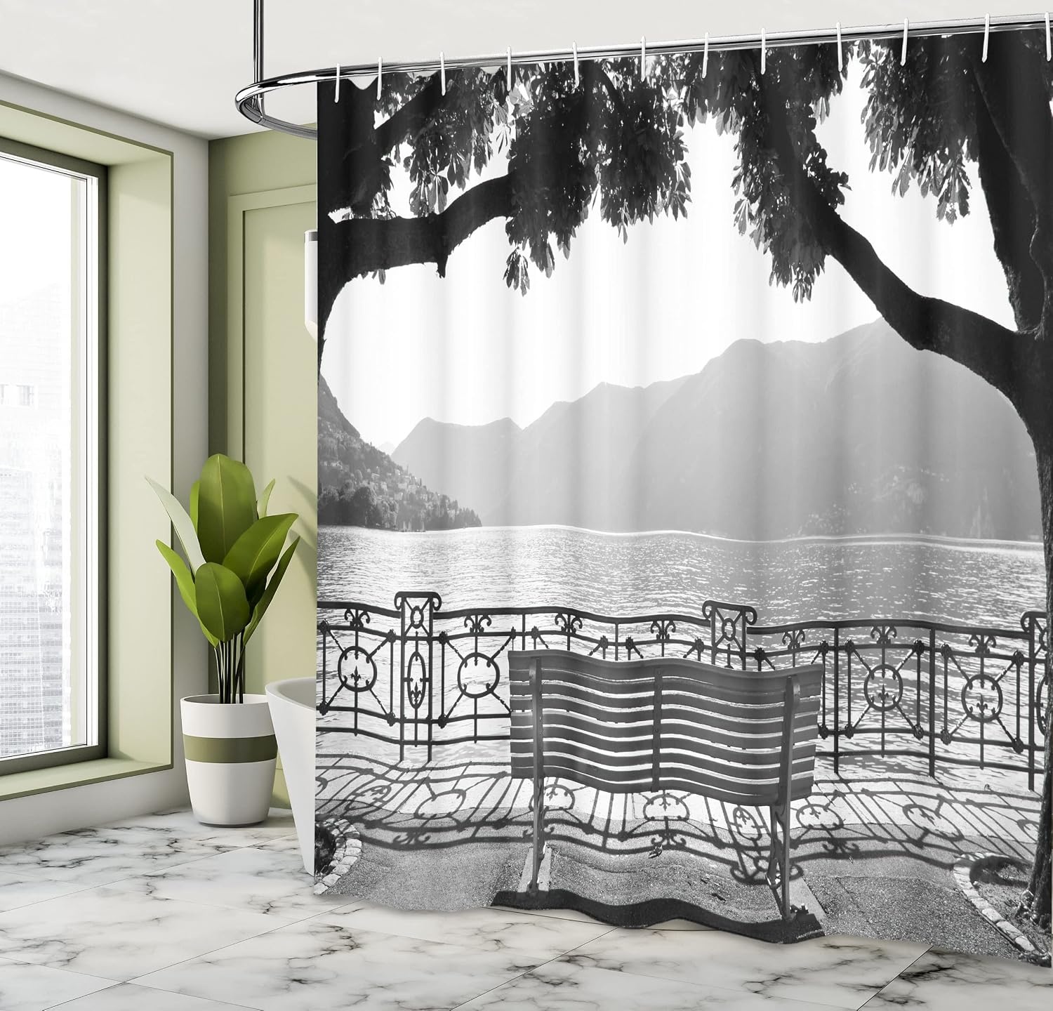 image:imageAmbesonne Grey Shower Curtain Romantic Scenery with a Bench by The Lake Outdoors Trees Empty Park View Mountain Range Cloth Fabric Bathroom Decor Set with Hooks 69 W x 70 L Grey