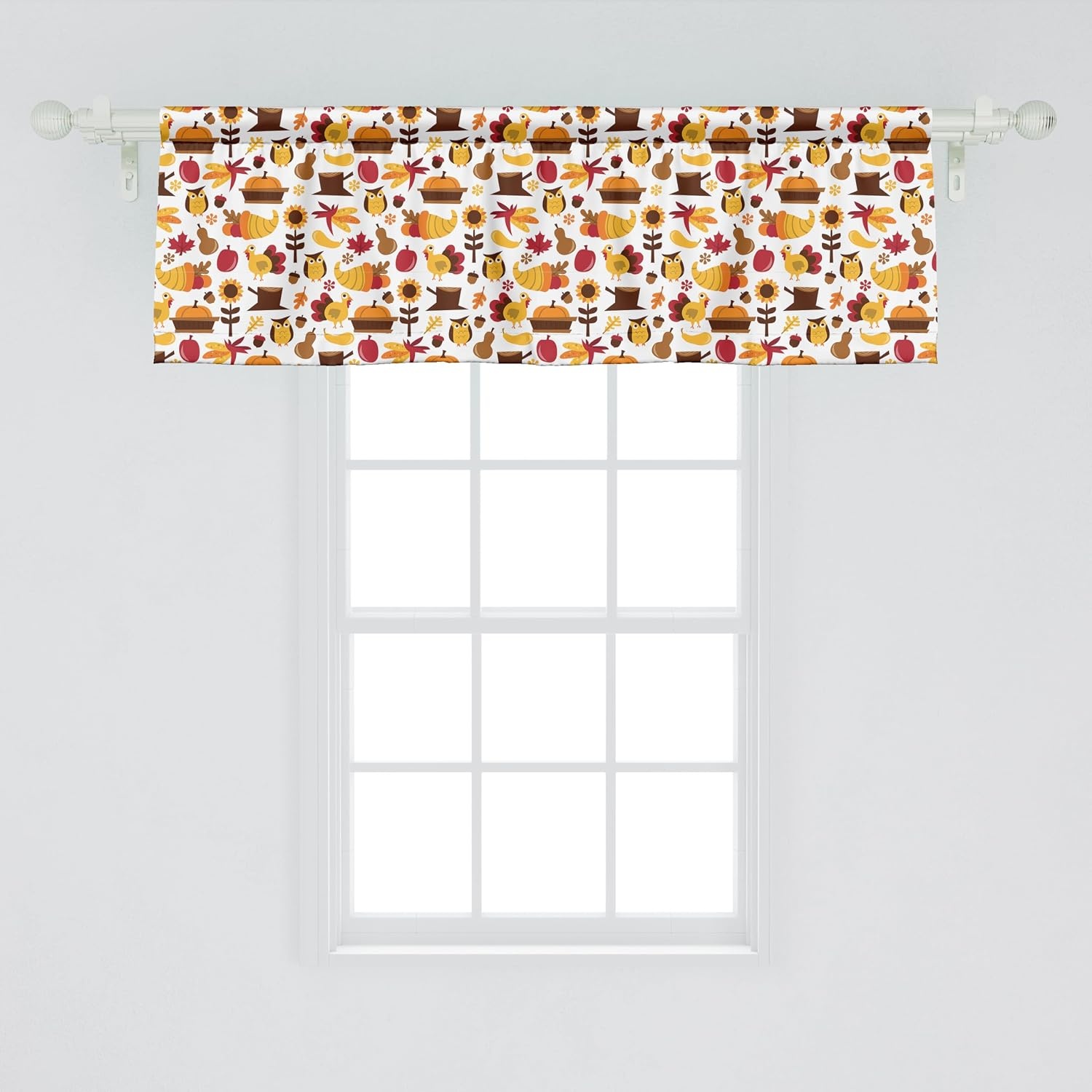 image:imageAmbesonne Harvest Window Valance Cartoon Fall Composition Nuts Maple Leaves Owls Roosters Pumpkins Curtain Valance for Kitchen Bedroom Decor with Rod Pocket 54 X 18 Orange RedOrange Red