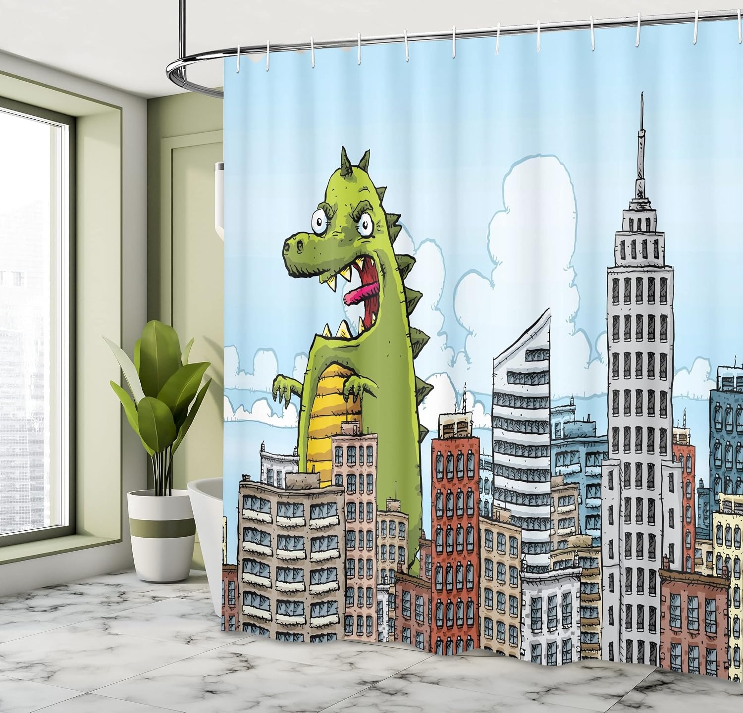image:imageAmbesonne Jurassic Shower Curtain Giant Cartoon Monster Invades The City Attack Skylines Downtown Science Fiction Cloth Fabric Bathroom Decor Set with Hooks 69 W x 70 L Pale Blue