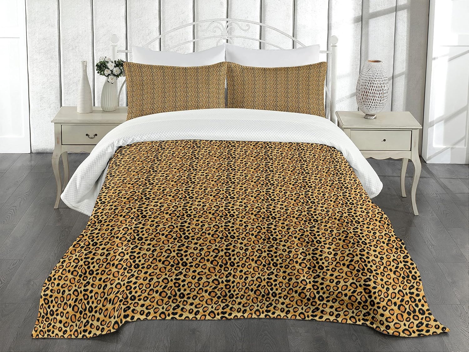 image:imageAmbesonne Leopard Print Bedspread Set Spotty Jungle Savannah Feline Print Wild Africa Inspiration Tile Pattern 3 Piece Decorative Bedding Coverlet and 2 Pillow Shams Queen Size Orange Black