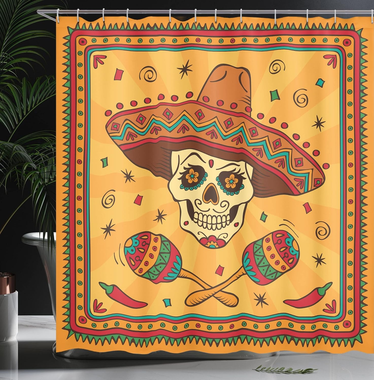 image:imageAmbesonne Mexican Shower Curtain Mexican Sugar Skull Cartoon by Cultural Carnival Design Traditional Celebration Latino Themed Cloth Fabric Bathroom Decor Set with Hooks 69 W x 75 L Orange Teal
