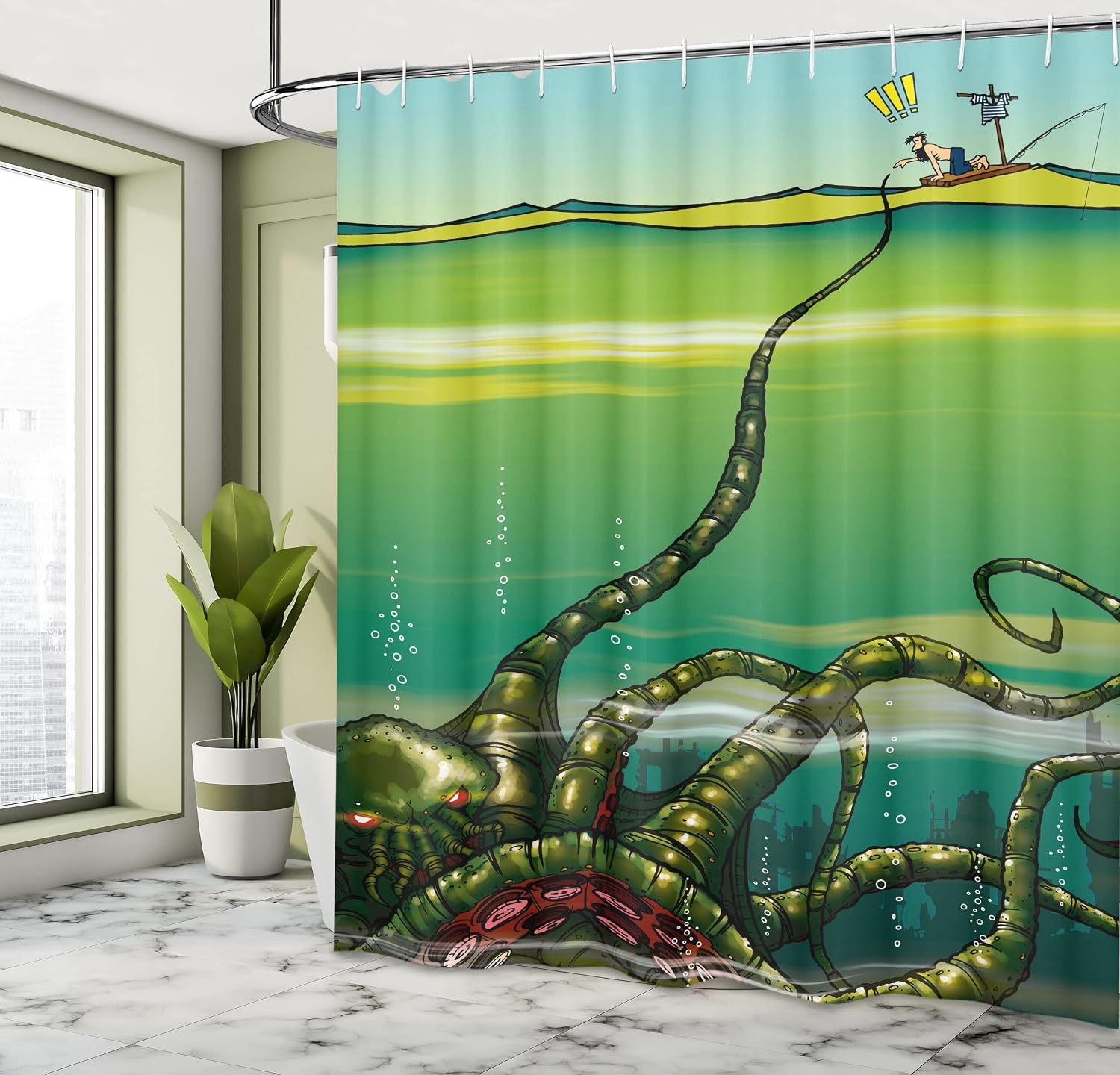 image:imageAmbesonne Octopus Shower Curtain Cartoon Monster Kraken Octopus with Giant Tentacles Underwater with a Sailor Retro Art Cloth Fabric Bathroom Decor Set with Hooks 69 W x 75 L Green69W x 75L Pack of 1