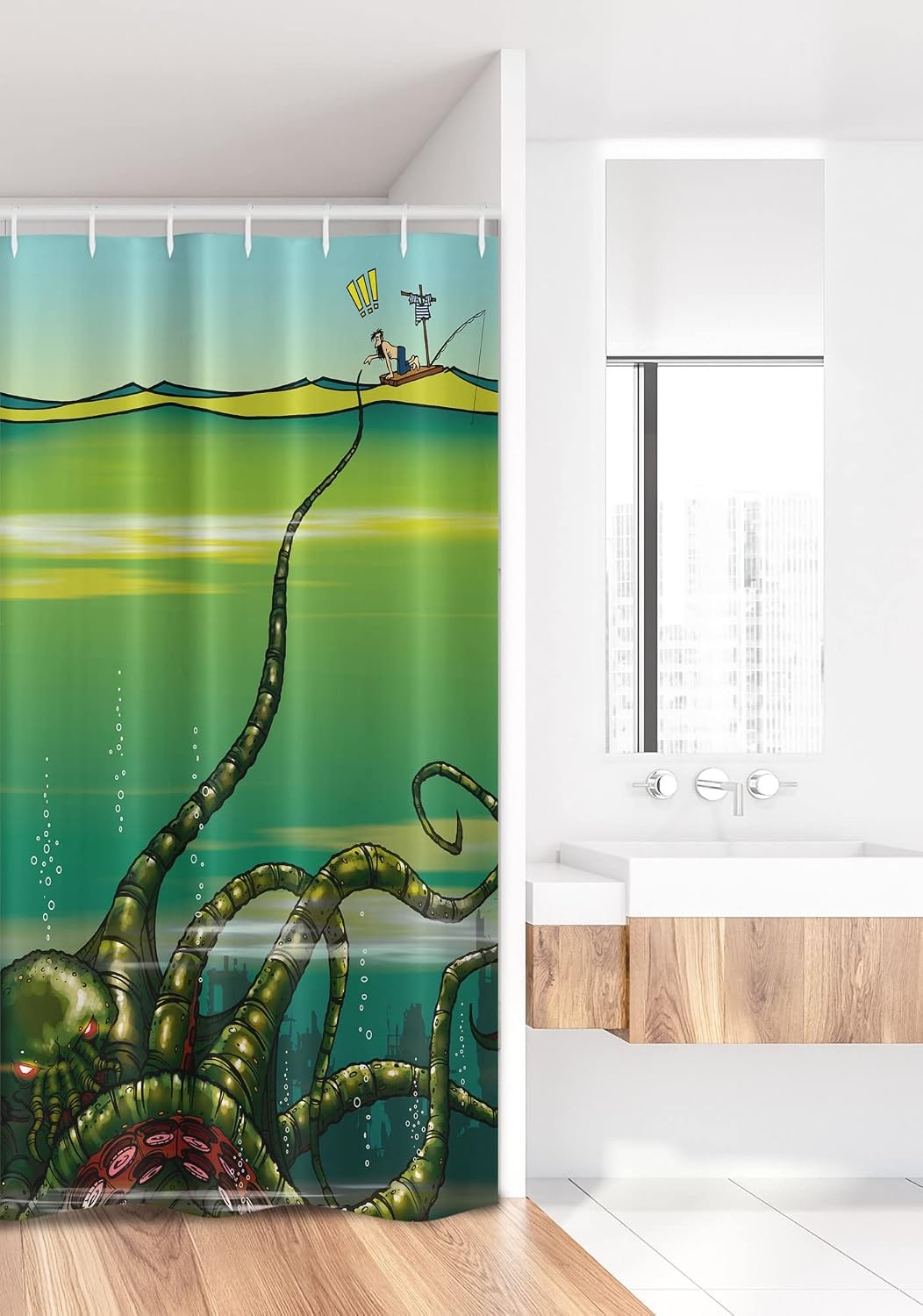 image:imageAmbesonne Octopus Shower Curtain Cartoon Monster Kraken Octopus with Giant Tentacles Underwater with a Sailor Retro Art Cloth Fabric Bathroom Decor Set with Hooks 69 W x 75 L Green36W x 72L Pack of 1