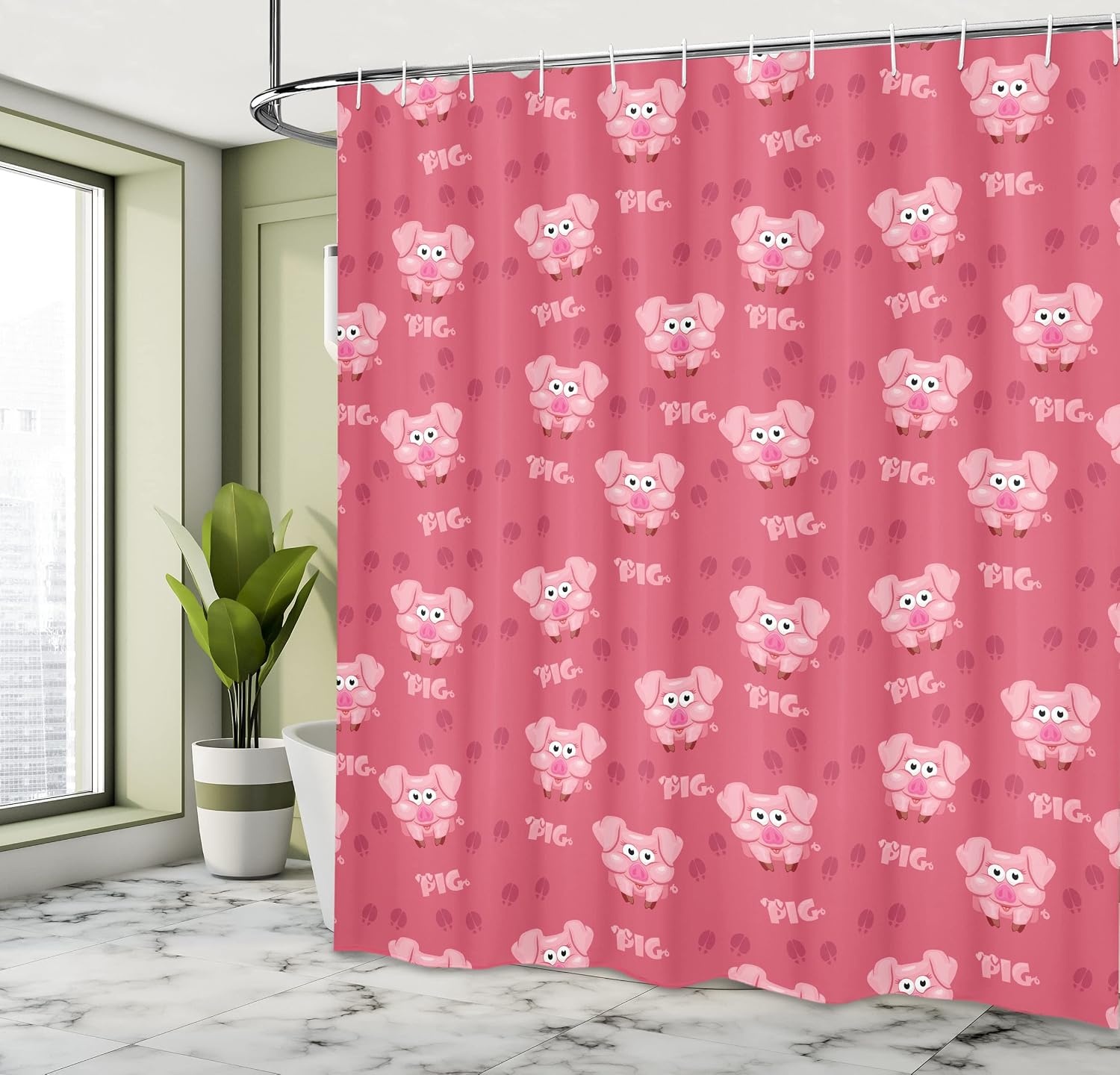 image:imageAmbesonne Pig Shower Curtain Square Cartoon Animal Hog Cheering Greeting Running Towards Humorous Artwork Farmland Life Cloth Fabric Bathroom Decor Set with Hooks 69 W x 70 L Pink and Pale Pink69W x 70L Pack of 1
