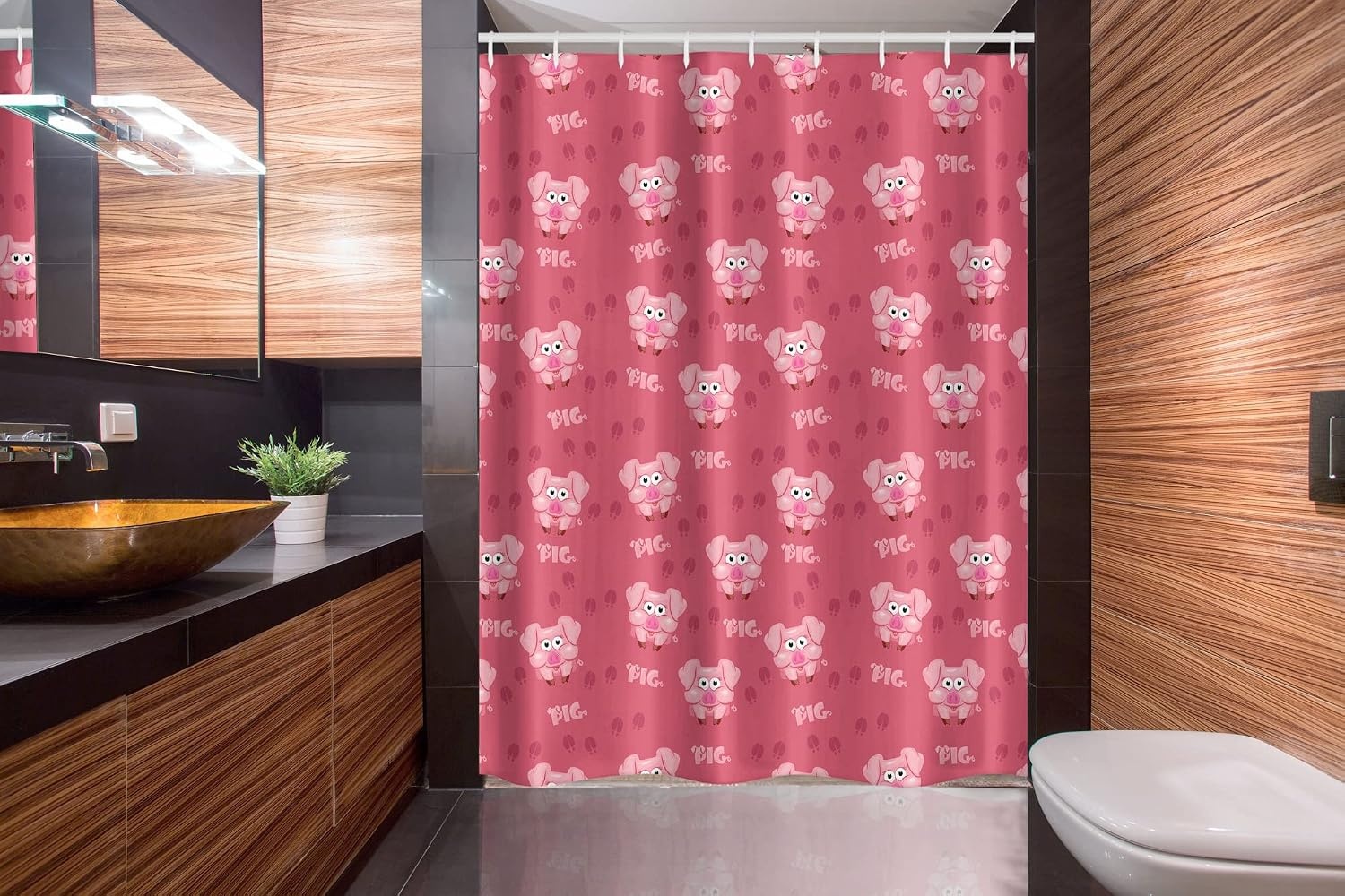 image:imageAmbesonne Pig Shower Curtain Square Cartoon Animal Hog Cheering Greeting Running Towards Humorous Artwork Farmland Life Cloth Fabric Bathroom Decor Set with Hooks 69 W x 70 L Pink and Pale Pink54 W x 78 L
