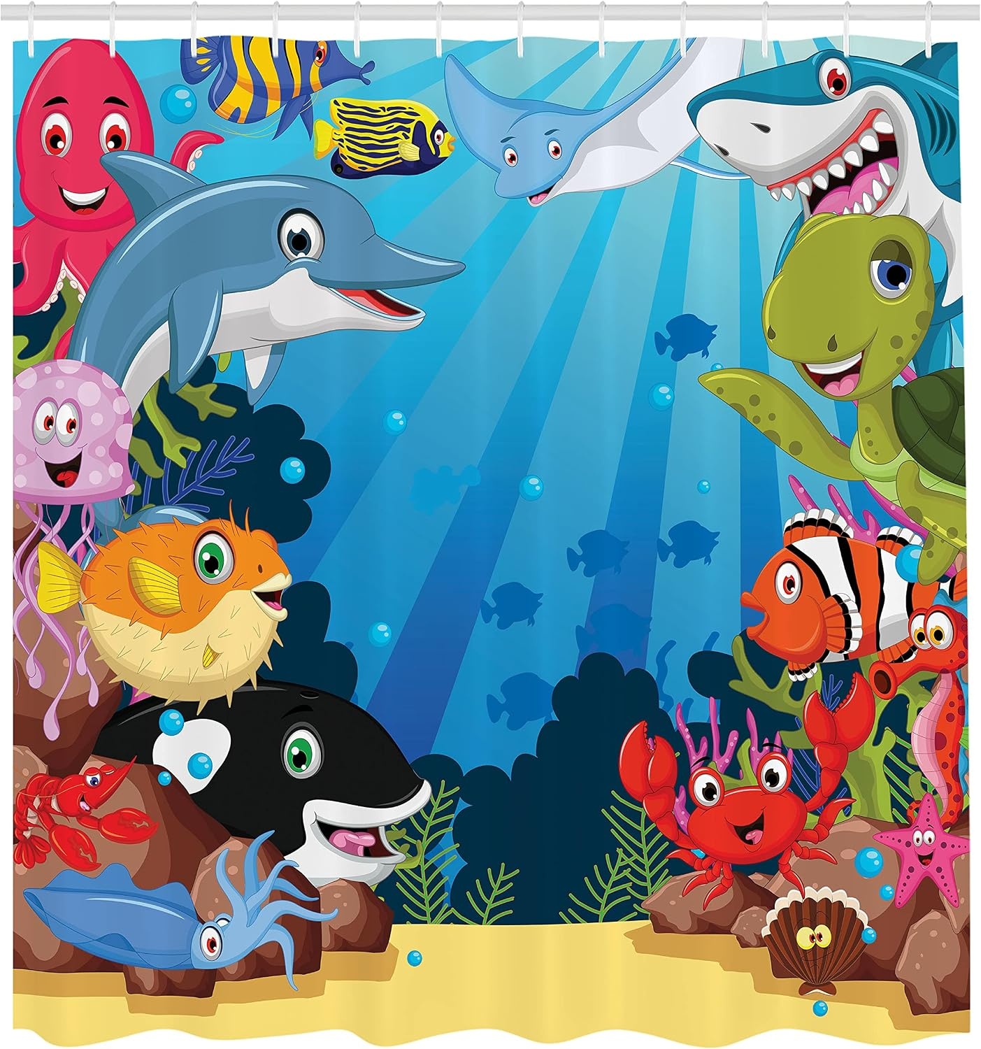 image:imageAmbesonne Whale Stall Shower Curtain Colorful Underwater Sandy Ground Cartoon Shark Fin Sea Plants Art Print Fabric Bathroom Decor Set with Hooks 36 W x 72 L Sky Blue Hot Pink Orange69W x 84L Pack of 1