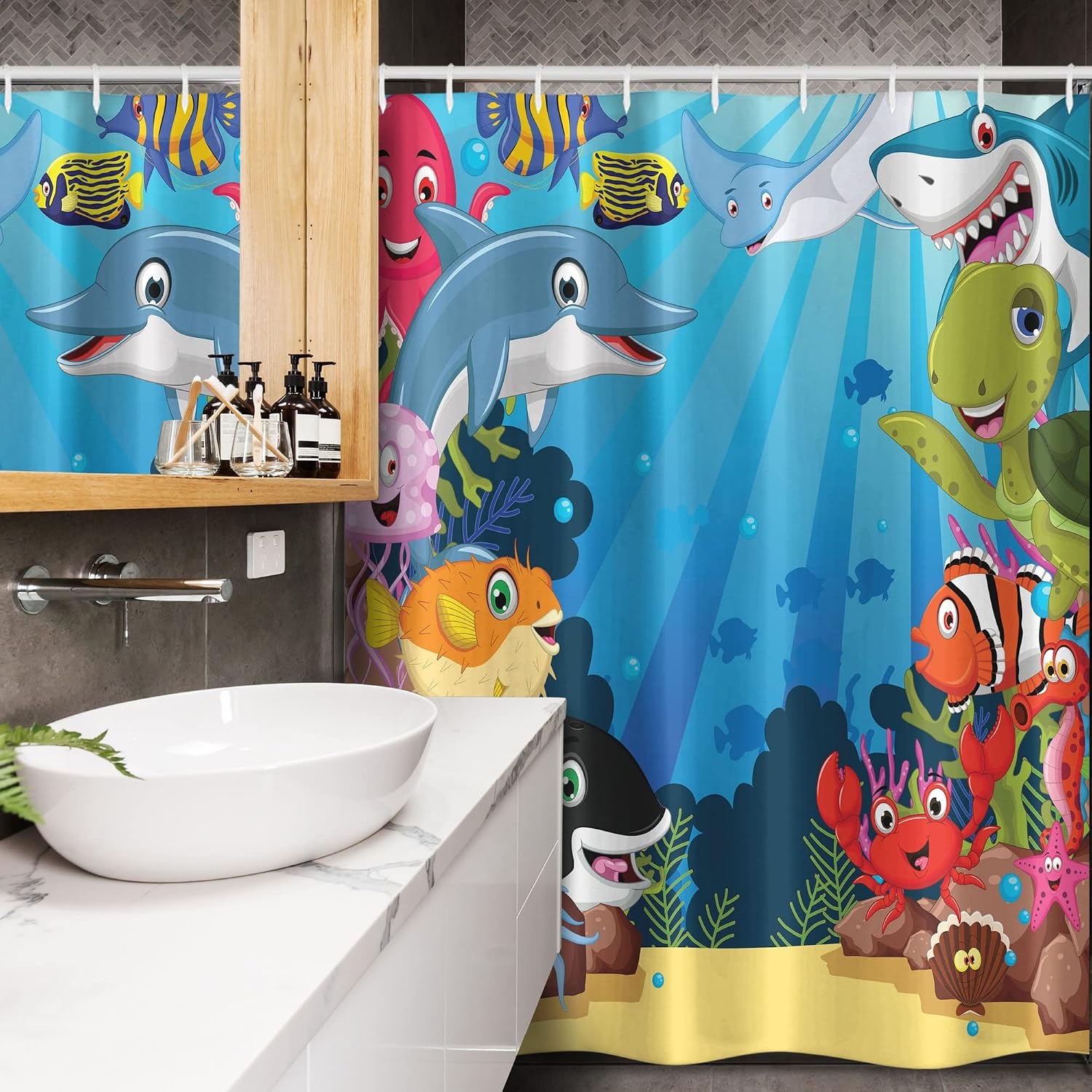 image:imageAmbesonne Whale Stall Shower Curtain Colorful Underwater Sandy Ground Cartoon Shark Fin Sea Plants Art Print Fabric Bathroom Decor Set with Hooks 36 W x 72 L Sky Blue Hot Pink Orange54 W x 78 L