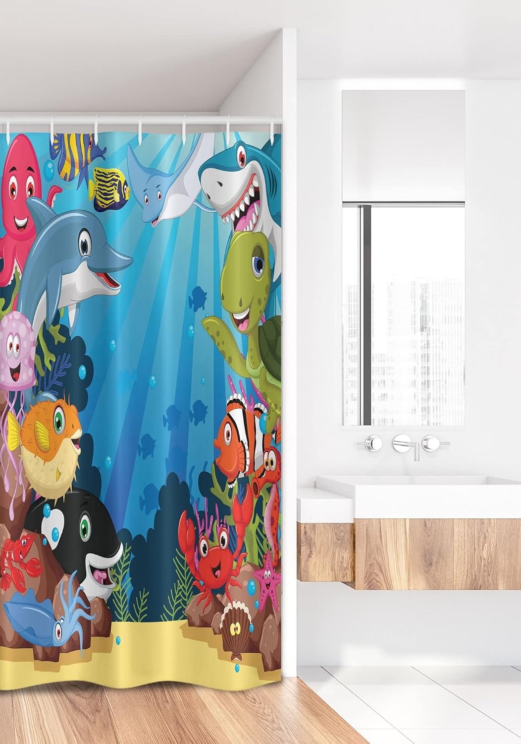 image:imageAmbesonne Whale Stall Shower Curtain Colorful Underwater Sandy Ground Cartoon Shark Fin Sea Plants Art Print Fabric Bathroom Decor Set with Hooks 36 W x 72 L Sky Blue Hot Pink Orange36W x 72L Pack of 1