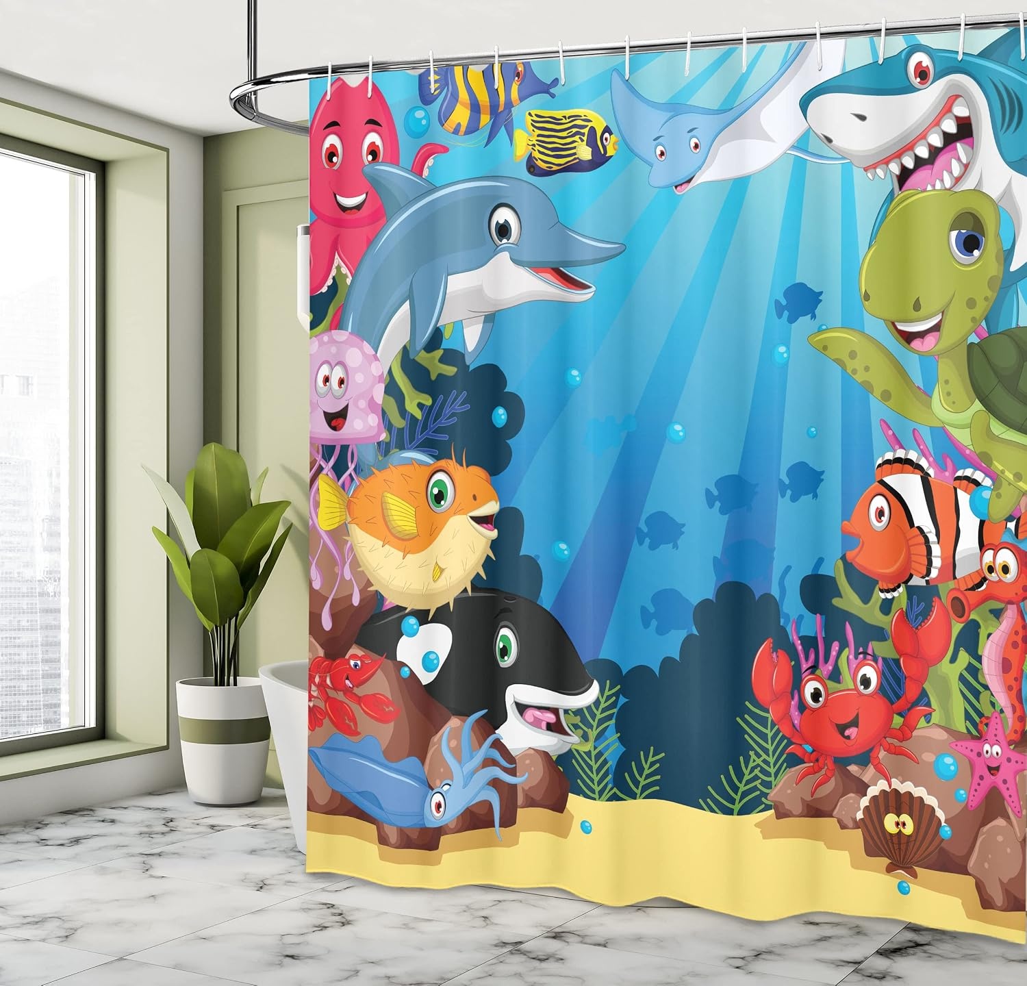 image:imageAmbesonne Whale Stall Shower Curtain Colorful Underwater Sandy Ground Cartoon Shark Fin Sea Plants Art Print Fabric Bathroom Decor Set with Hooks 36 W x 72 L Sky Blue Hot Pink Orange69W x 84L Pack of 1