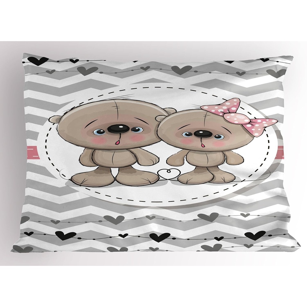 image:imageAmbesonne Animals Pillow Sham 2 Teddy Bears Love Valentines Hearts Zig Zag Chevron Decorative Standard Queen Size Printed Pillowcase 30 X 20 Warm Taupe Dried Rose Pale Grey