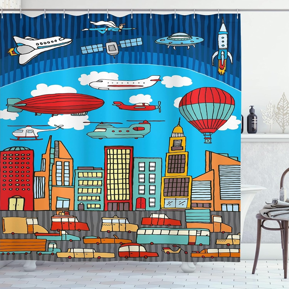 image:imageAmbesonne Cartoon Shower Curtain Busy City Metropolis with Hot Air Balloon Zeppelin Plane UFO Urban Town Graphic Cloth Fabric Bathroom Decor Set with Hooks 69 W x 84 L Multicolor69W x 70L Pack of 1