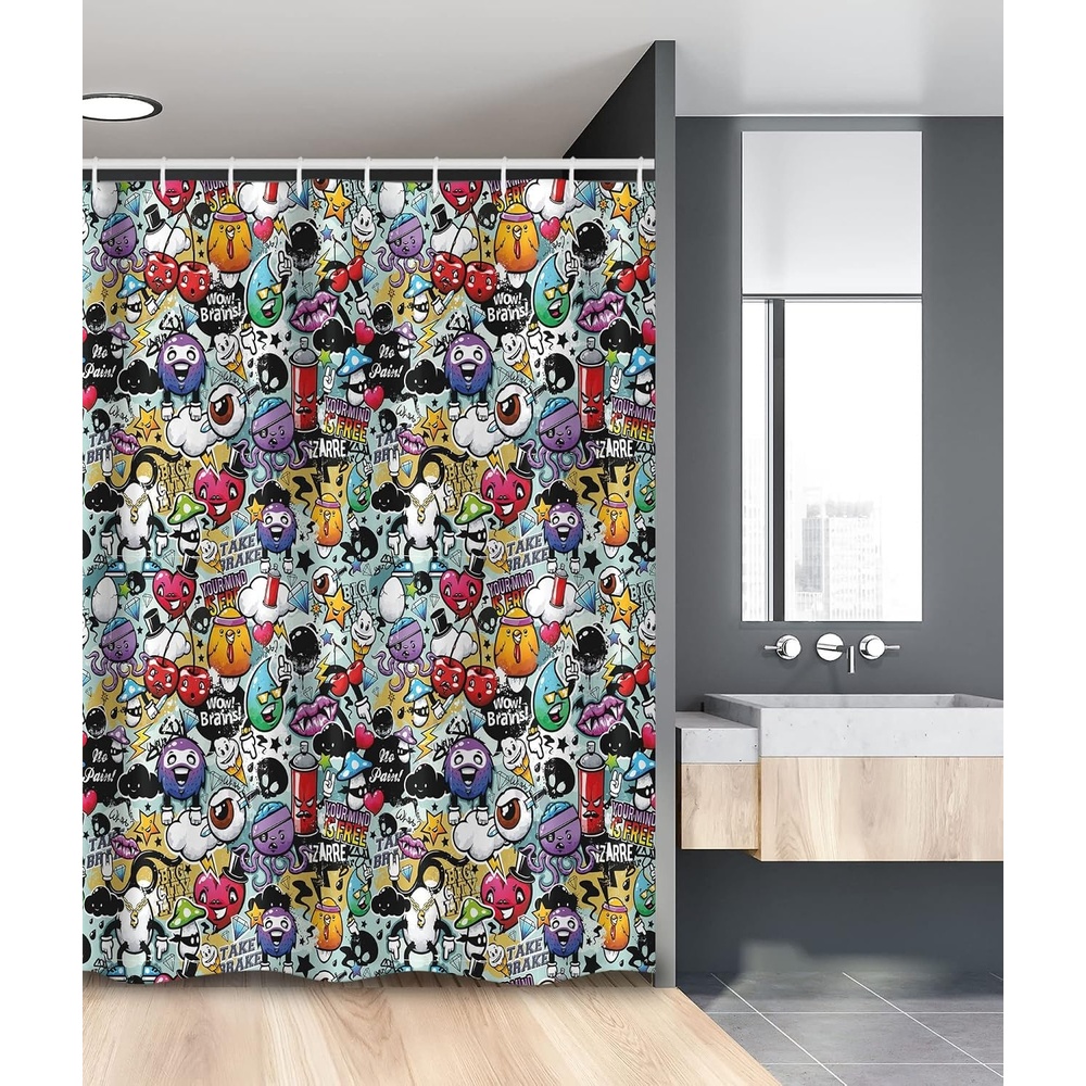 image:imageAmbesonne Cartoon Shower Curtain Graffiti Creatures with Spray Tanks Animals and Writings Vibrant Colored Image Cloth Fabric Bathroom Decor Set with Hooks 69 W x 75 L Violet54 W x 78 L