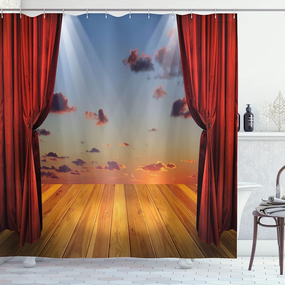 image:imageAmbesonne Coastal Shower Curtain Romantic Wooden Bungalow on The Water Deckchairs Maldives Beach Summer Relax Cloth Fabric Bathroom Decor Set with Hooks 69 W x 84 L Brown BlueMulti Color