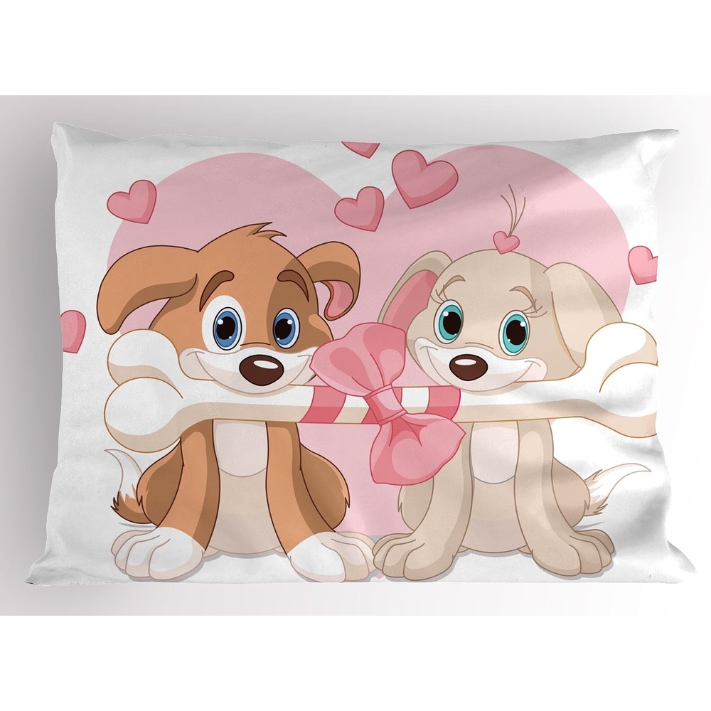 image:imageAmbesonne Dog Lover Pillow Sham 2 Valentine Dogs Holding an Ornate Bone Romantic Love Couple Happiness Decorative Standard Size Printed Pillowcase 26 X 20 Pink Cream