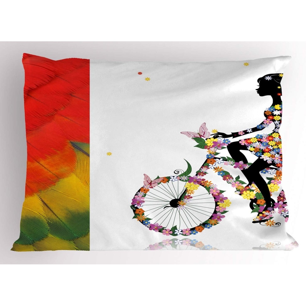 image:imageAmbesonne Feminine Pillow Sham Flower Girl Bike with Balloons Valentine Bicycle Fashion Woman Heart Floral Decorative Standard King Size Printed Pillowcase 36 X 20 Multicolor
