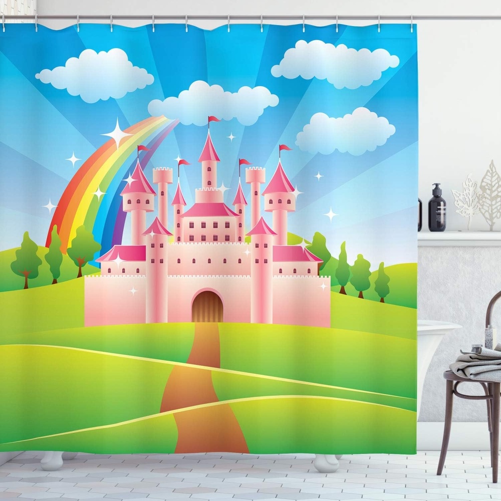 image:imageAmbesonne Feminine Shower Curtain Cartoon Style Castle Rainbow Clouds Summer Sky Colorful Design Cloth Fabric Bathroom Decor Set with Hooks 69 W x 75 L Green Pink and Blue69W x 84L Pack of 1