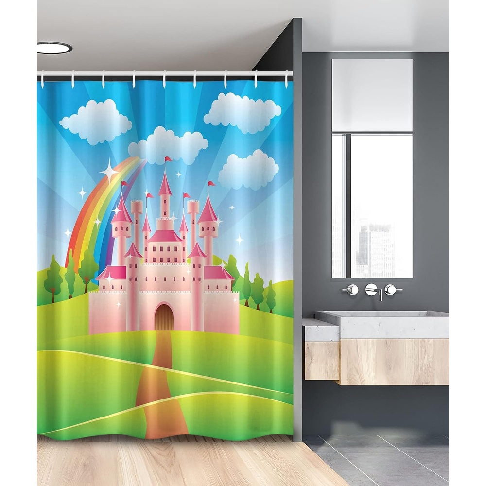 image:imageAmbesonne Feminine Shower Curtain Cartoon Style Castle Rainbow Clouds Summer Sky Colorful Design Cloth Fabric Bathroom Decor Set with Hooks 69 W x 75 L Green Pink and Blue54 W x 78 L