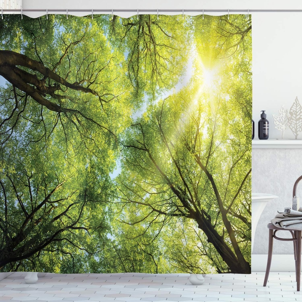 image:imageAmbesonne Forest Shower Curtain Warm Spring Sun Beaming Through Canopy of Tall Beech Trees Romantic Scene Cloth Fabric Bathroom Decor Set with Hooks 69 W x 84 L Yellow Green