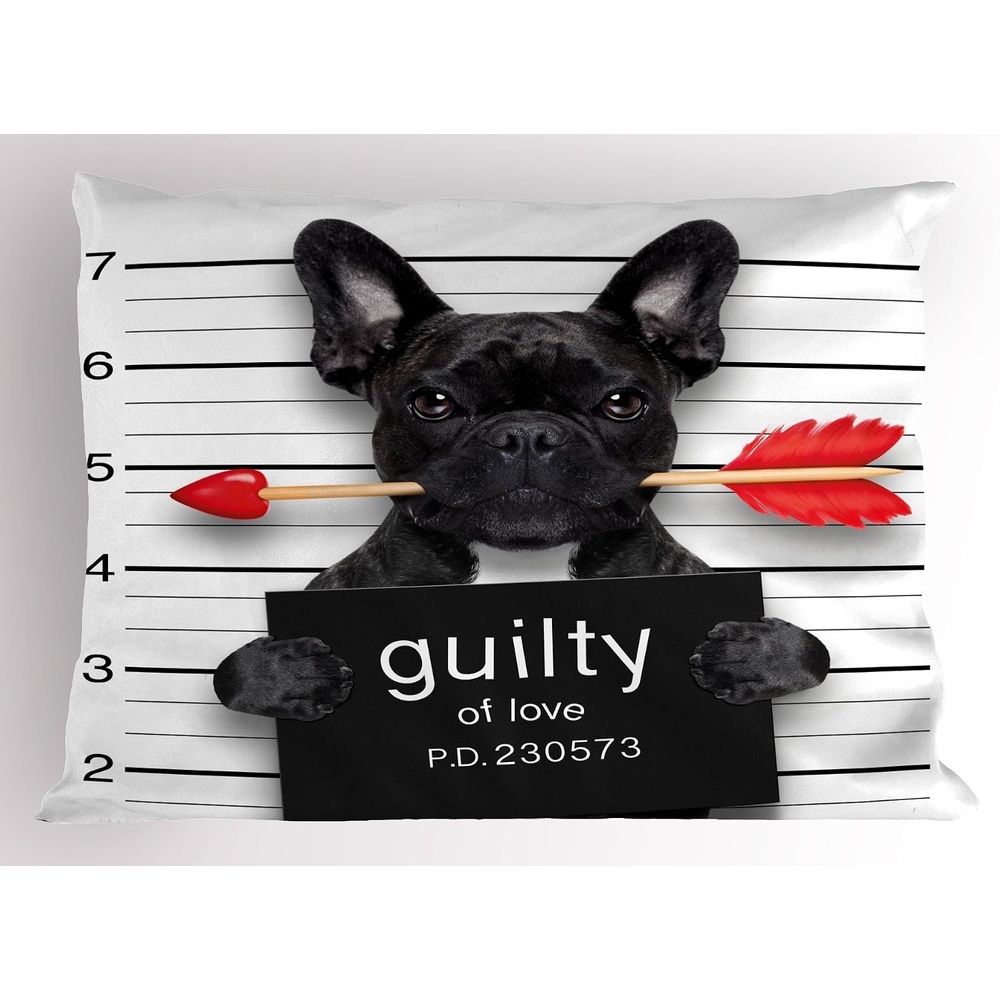 image:imageAmbesonne Funny Pillow Sham Valentines Bulldog with Rose in Mouth As Mug Shot Guilty of Love Romance Design Decorative Standard Queen Size Printed Pillowcase 30 X 20 Black Red White