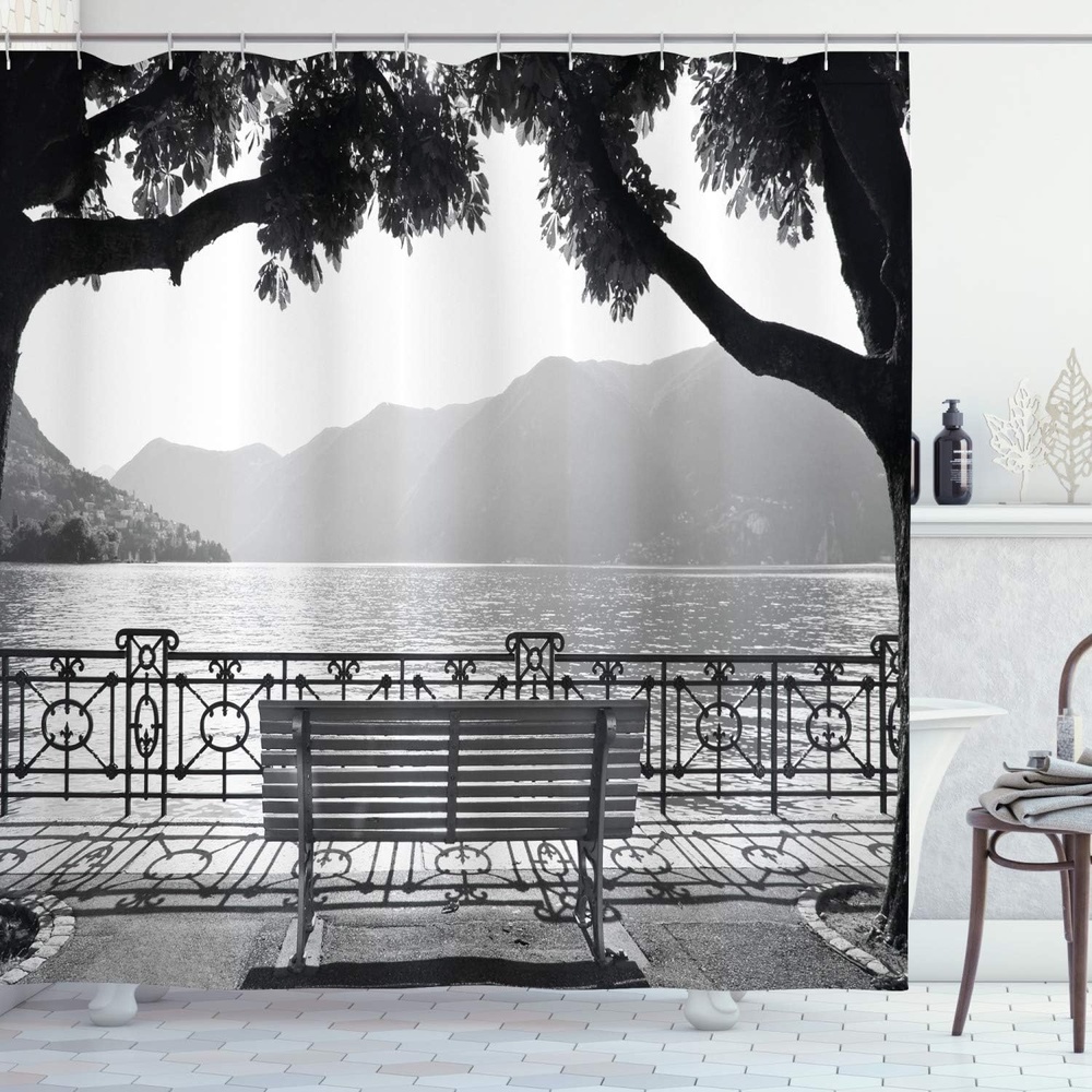 image:imageAmbesonne Grey Shower Curtain Romantic Scenery with a Bench by The Lake Outdoors Trees Empty Park View Mountain Range Cloth Fabric Bathroom Decor Set with Hooks 69 W x 70 L Grey