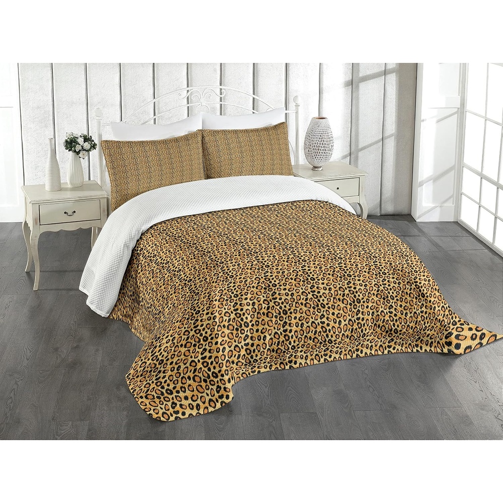 image:imageAmbesonne Leopard Print Bedspread Set Spotty Jungle Savannah Feline Print Wild Africa Inspiration Tile Pattern 3 Piece Decorative Bedding Coverlet and 2 Pillow Shams Queen Size Orange Black