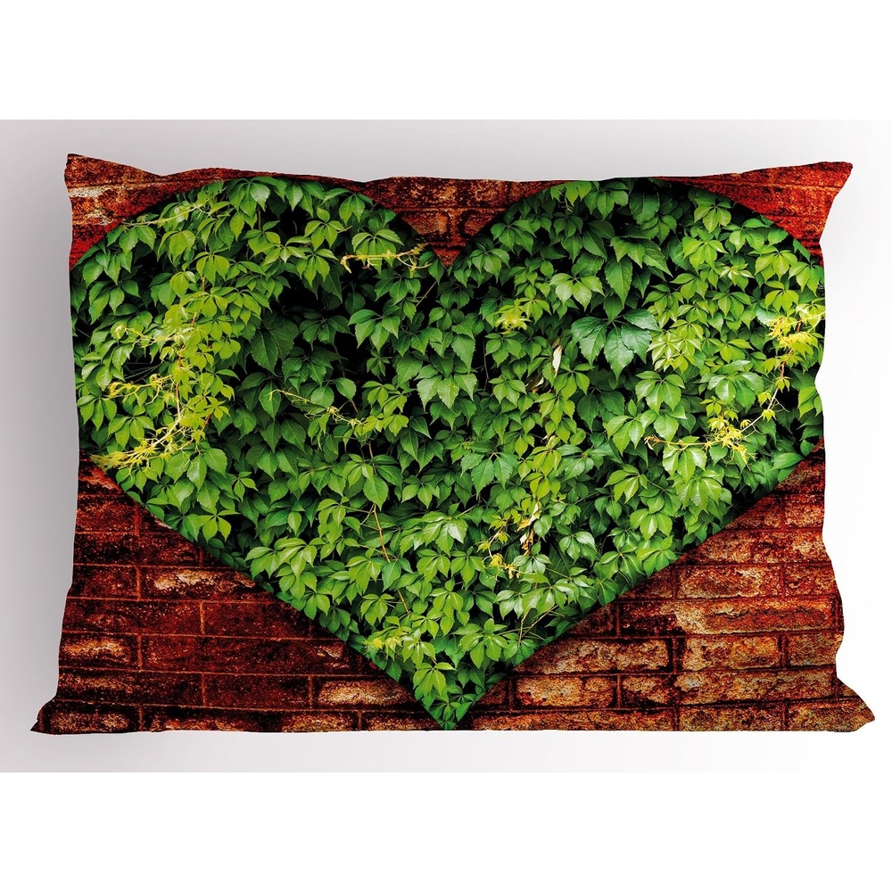 image:imageAmbesonne Love Pillow Sham Heart Shaped Curve on Brick Wall with Full of Leaves Valentines Romance Print Decorative Standard Size Printed Pillowcase 26 X 20 Red Lime Green