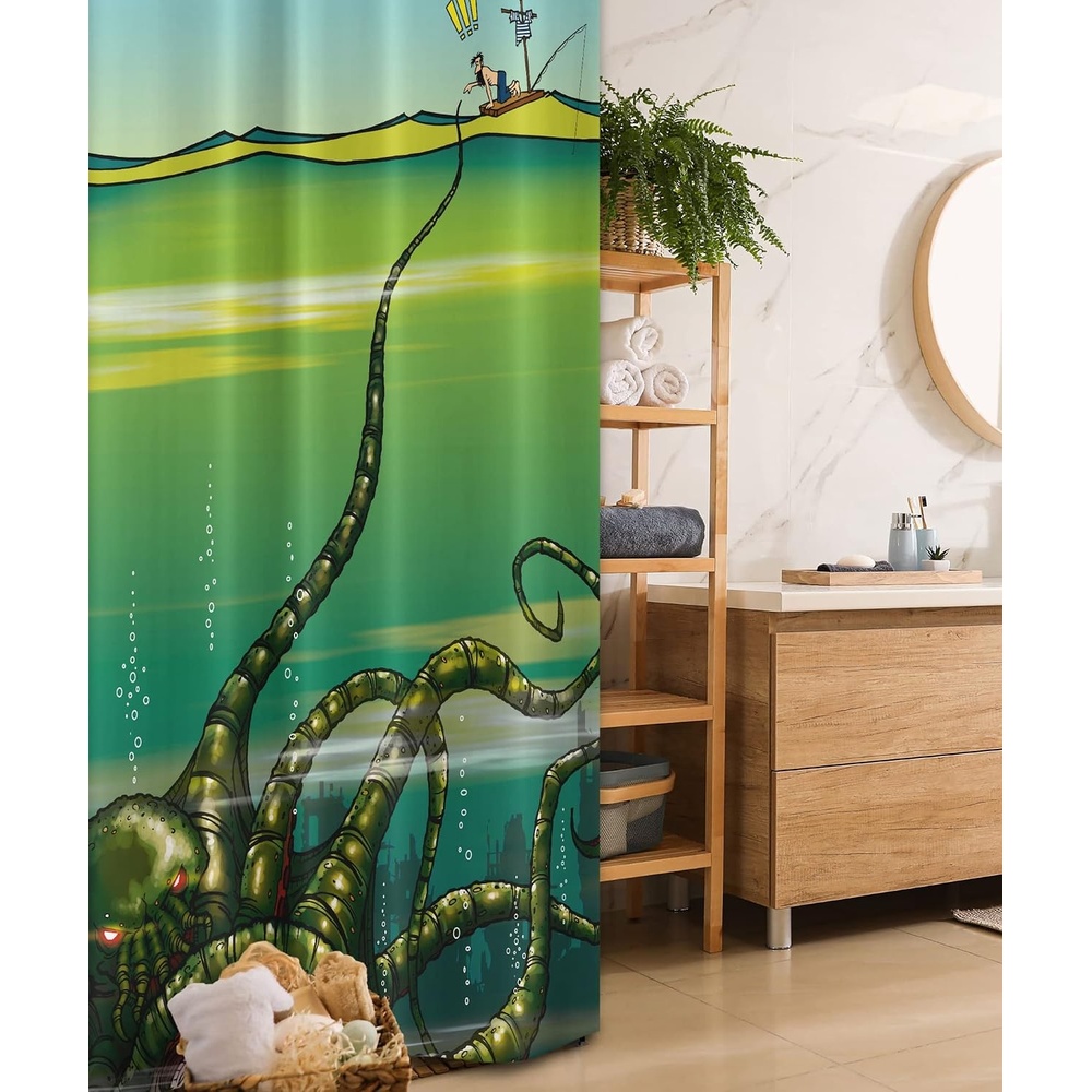 image:imageAmbesonne Octopus Shower Curtain Cartoon Monster Kraken Octopus with Giant Tentacles Underwater with a Sailor Retro Art Cloth Fabric Bathroom Decor Set with Hooks 69 W x 75 L Green36W x 72L Pack of 1