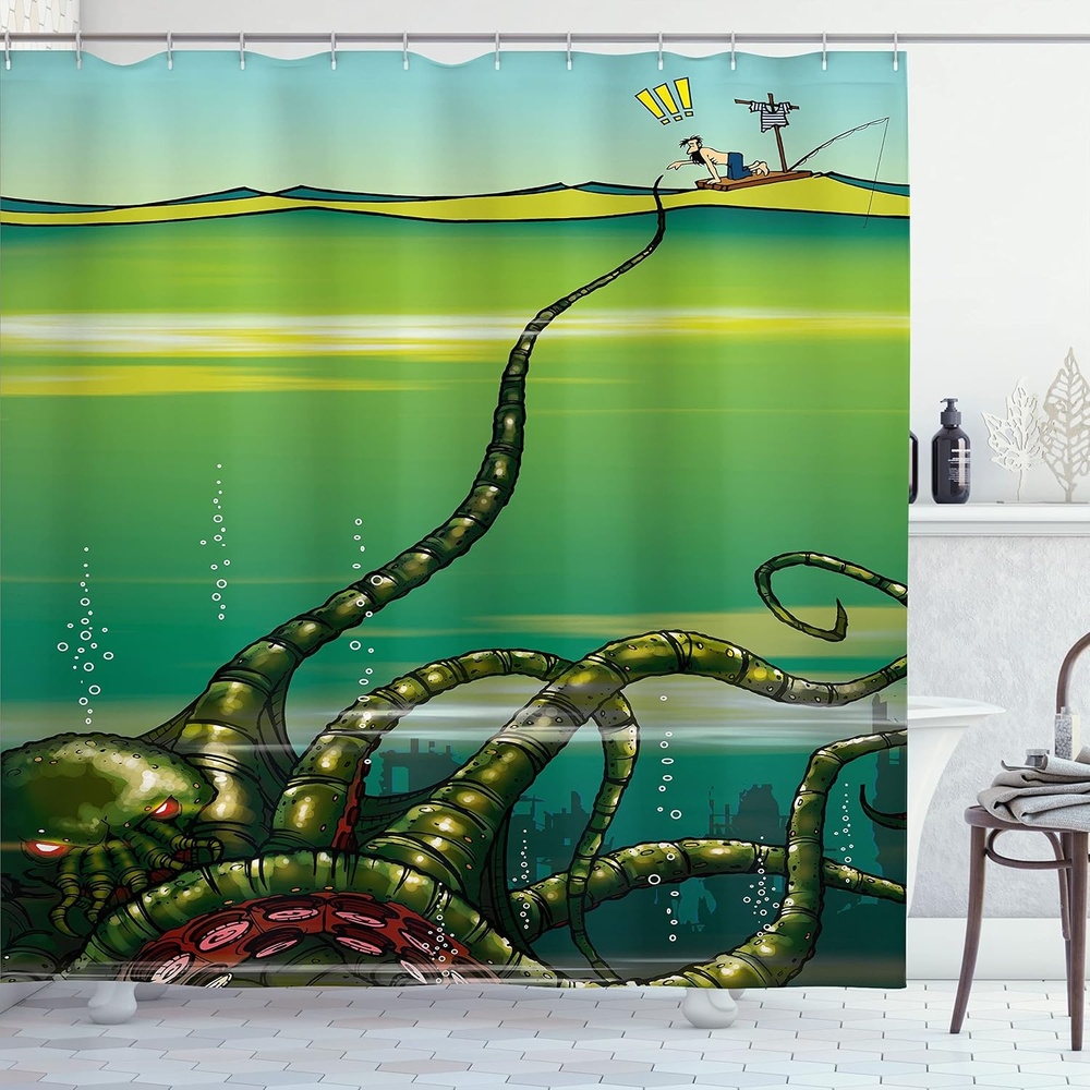 image:imageAmbesonne Octopus Shower Curtain Cartoon Monster Kraken Octopus with Giant Tentacles Underwater with a Sailor Retro Art Cloth Fabric Bathroom Decor Set with Hooks 69 W x 75 L Green107W x 134L Pack of 1