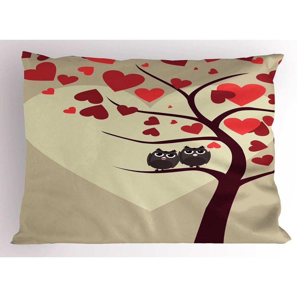 image:imageAmbesonne Owls Pillow Sham Owl Couples Sitting on Branch Valentine Tree Valentines Day Anniversary Artwork Decorative Standard Size Printed Pillowcase 26 X 20 Red Brown Ivory