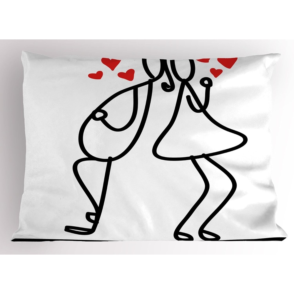 image:imageAmbesonne Valentine Pillow Sham Cartoon Style Hand Drawn Romantic Couple with Little Red Hearts Love Theme Decorative Standard Size Printed Pillowcase 26 X 20 Red Black White