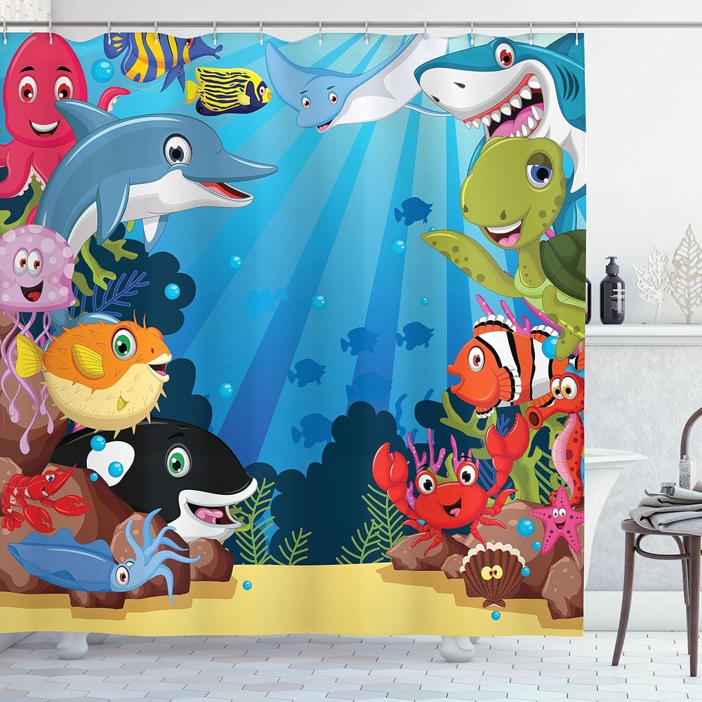 image:imageAmbesonne Whale Stall Shower Curtain Colorful Underwater Sandy Ground Cartoon Shark Fin Sea Plants Art Print Fabric Bathroom Decor Set with Hooks 36 W x 72 L Sky Blue Hot Pink Orange69W x 84L Pack of 1