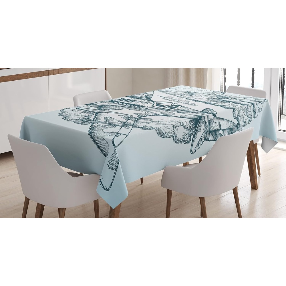 image:imageAmbesonne Whale Tablecloth Happy Animals Cartoon Characters Mollusc Rocks Sun Rays Comic Artwork Rectangular Table Cover for Dining Room Kitchen Decor 52 X 70 Sky BlueBlue Black