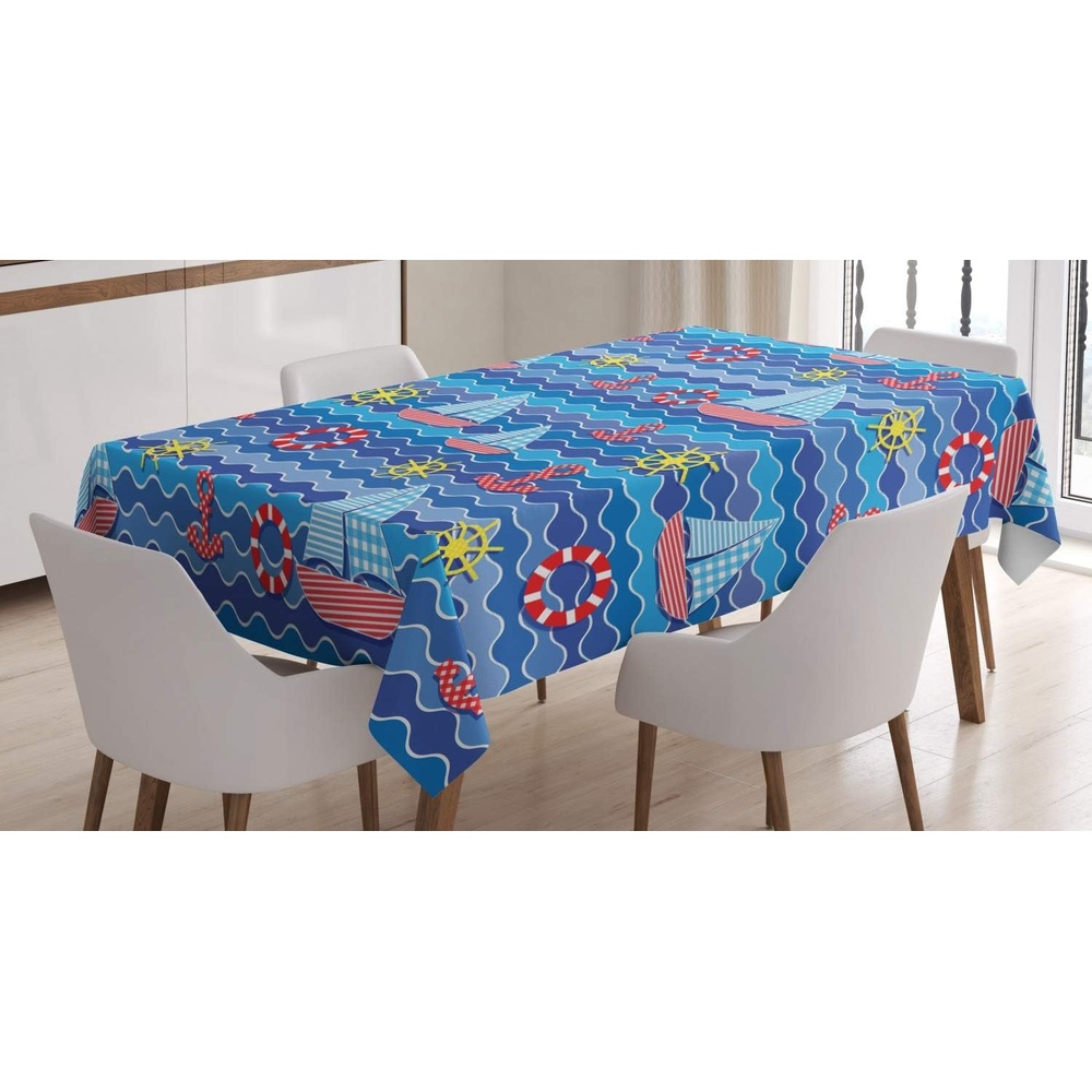 image:imageAmbesonne Whale Tablecloth Happy Animals Cartoon Characters Mollusc Rocks Sun Rays Comic Artwork Rectangular Table Cover for Dining Room Kitchen Decor 52 X 70 Sky BlueBlue Red