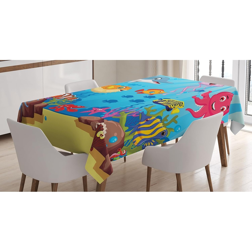 image:imageAmbesonne Whale Tablecloth Happy Animals Cartoon Characters Mollusc Rocks Sun Rays Comic Artwork Rectangular Table Cover for Dining Room Kitchen Decor 52 X 70 Sky BlueSky Blue