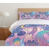 Ambesonne Cartoon Duvet Cover Set, Vintage Floral Carriage Horse and Colorful Flowers Butterfly Print, Decorative 3 Piece Bedding Set with 2 Pillow Shams, Queen Size, Black Pink(Pink Purple)